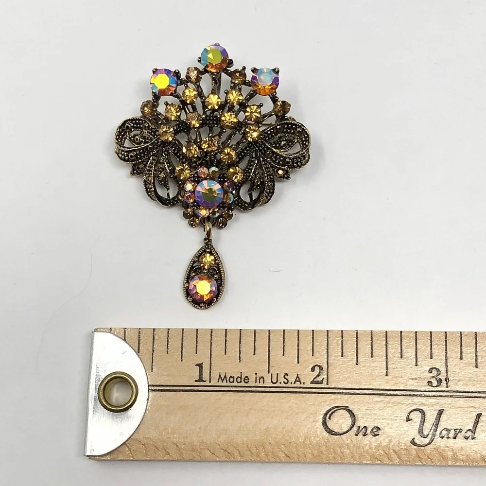 Vintage Art Deco Brooch Iridescent Stones Antique Gold Tone Dangle Met Gala